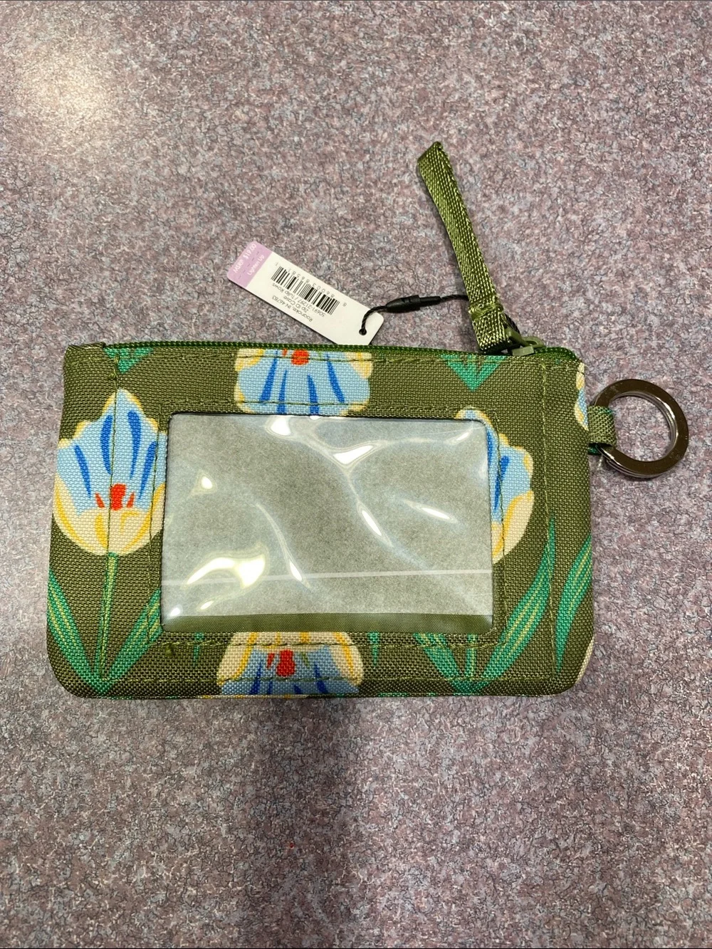 Vera Bradley Olive Tulip Rows Print Zip ID Case with Key Ring NWT
